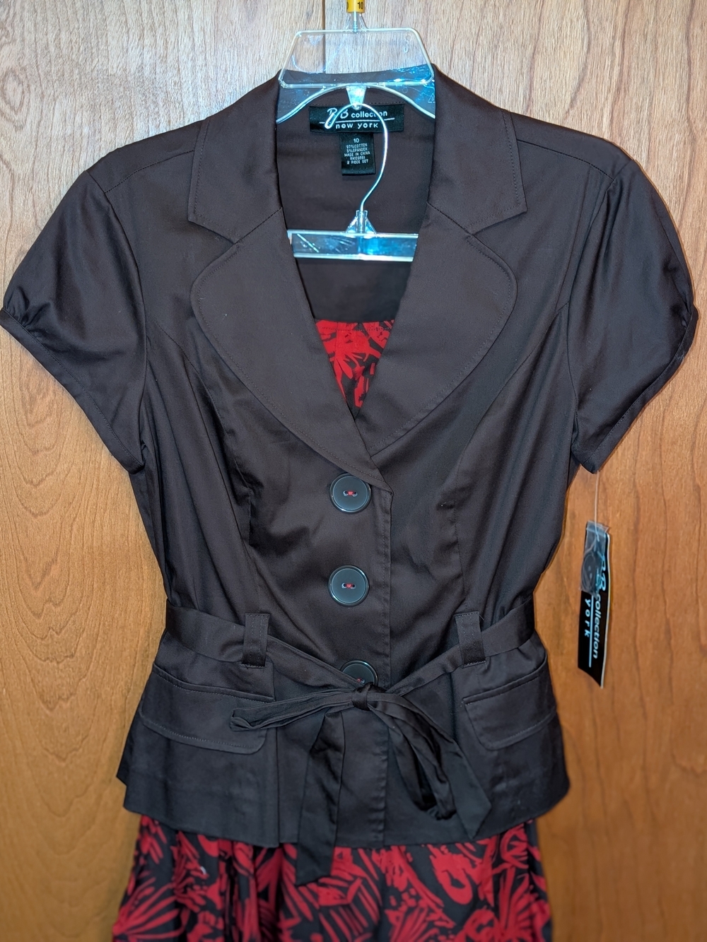 Women's Short-Sleeve Brown Button Jacket and Brown & Red Skirt